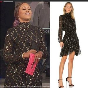 A.L.C. Tula Black Gold Metallic Dress Silk Blend Smocked Waist Long Sleeves 6